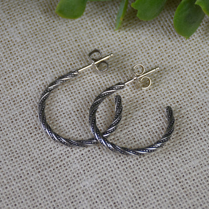 Antiqued Dot Twist Hoop Earrings - Sterling Silver
