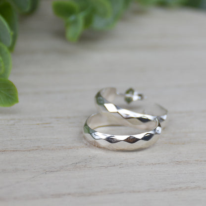 Hammered Diamond Hoop Earrings - Sterling Silver