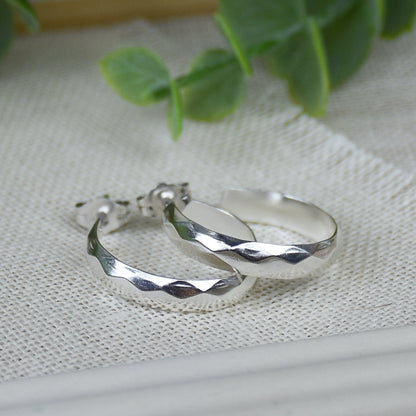 Hammered Diamond Hoop Earrings - Sterling Silver