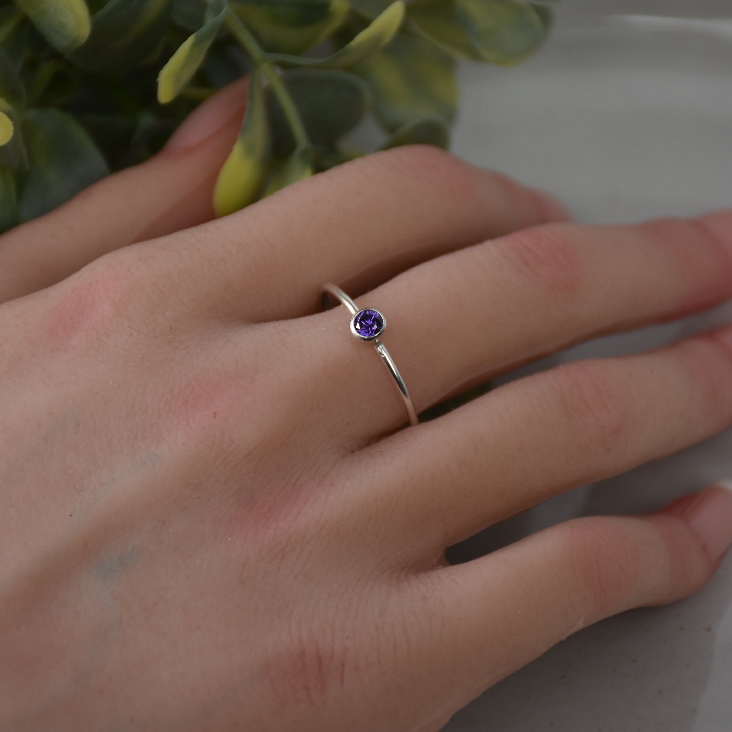 February Birthstone Ring - Amethyst Gemstone - Sterling Silver Bezel