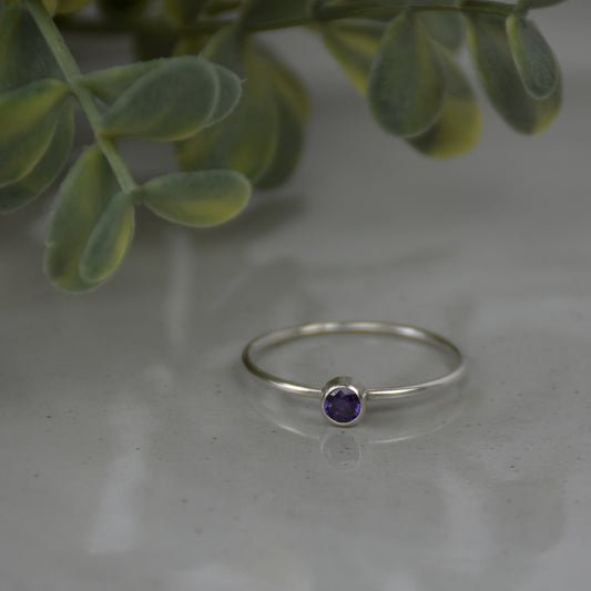 February Birthstone Ring - Amethyst Gemstone - Sterling Silver Bezel