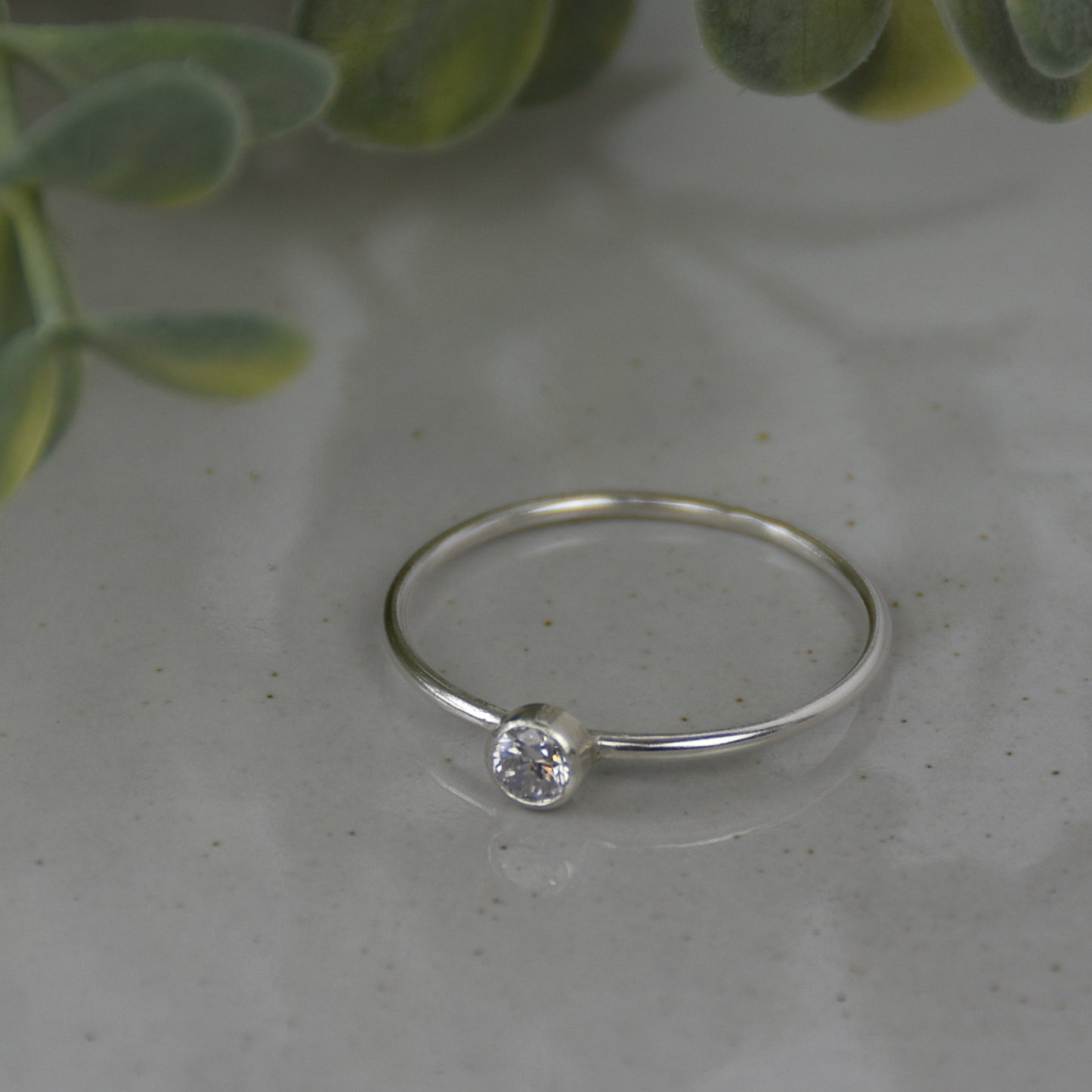 April Birthstone Ring - White Topaz Stone - Sterling Silver Bezel