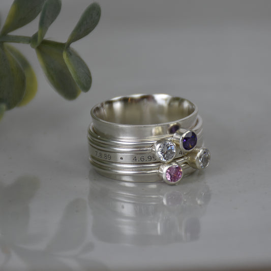 Personalized Birthstone Fidget Ring - Sterling Silver Multi-Band