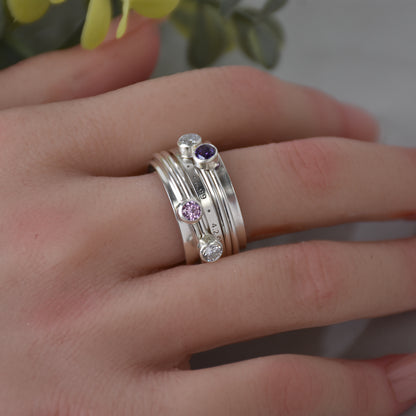 Personalized Birthstone Fidget Ring - Sterling Silver Multi-Band