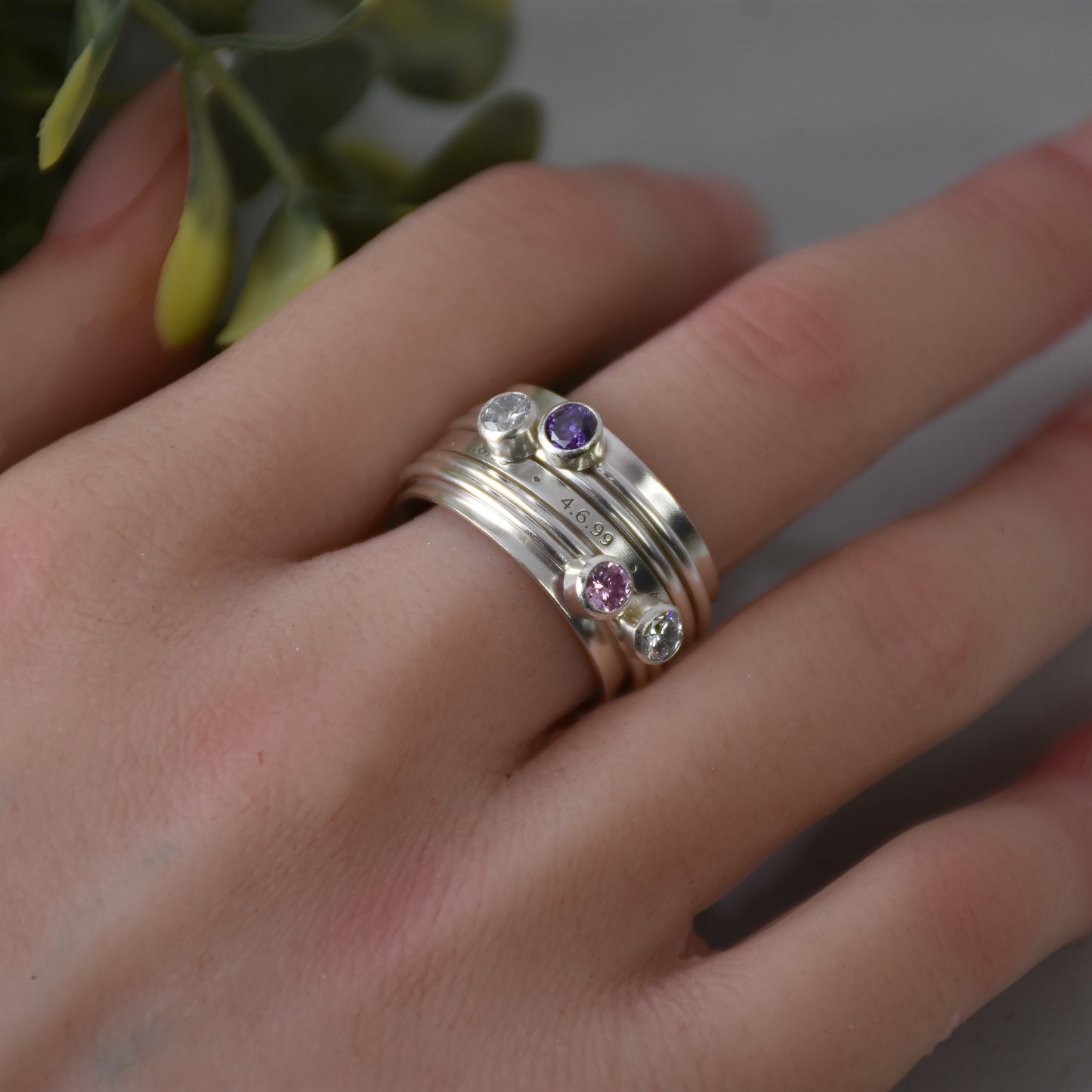 Personalized Birthstone Fidget Ring - Sterling Silver Multi-Band