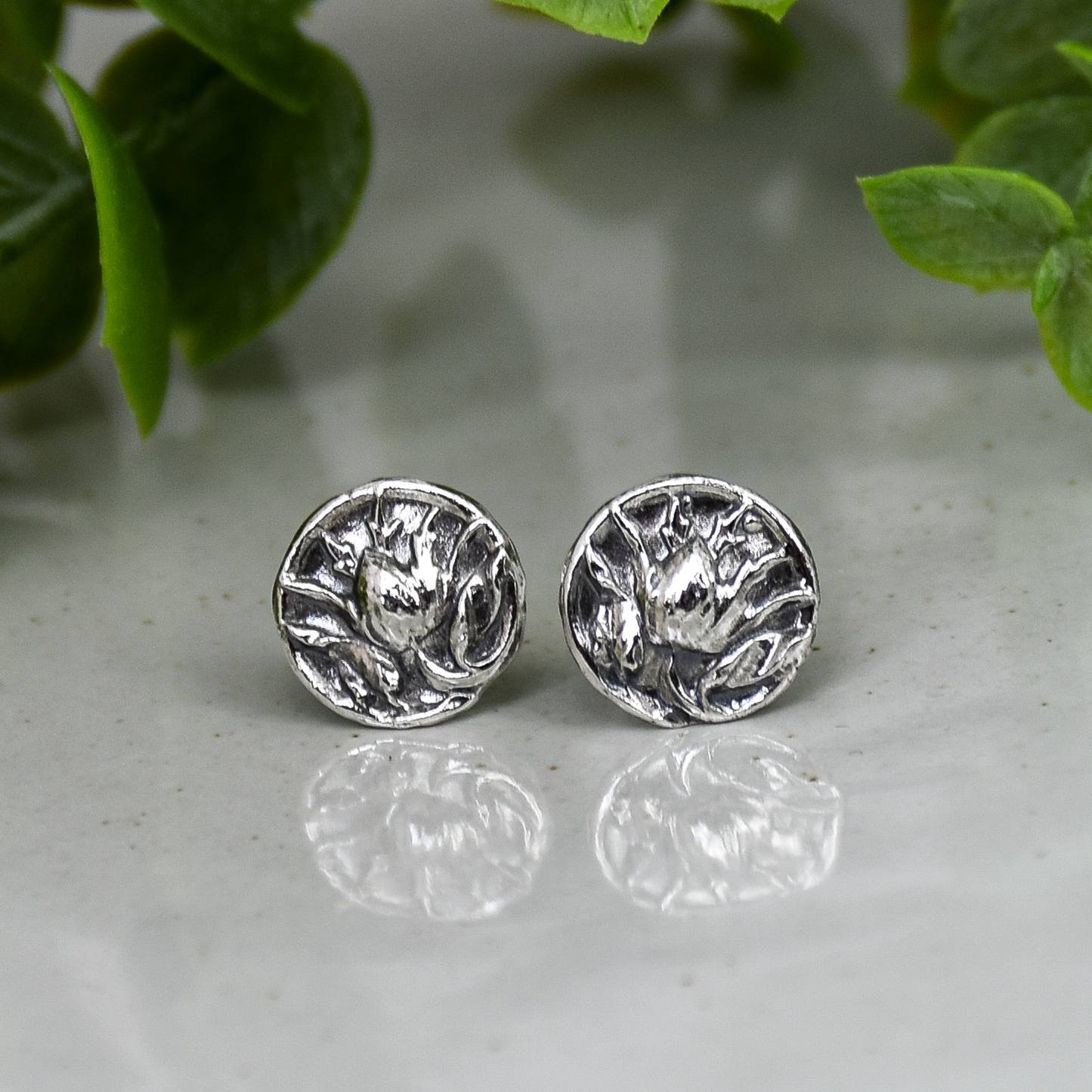 Thistle Flower Stud Earrings - Sterling Silver