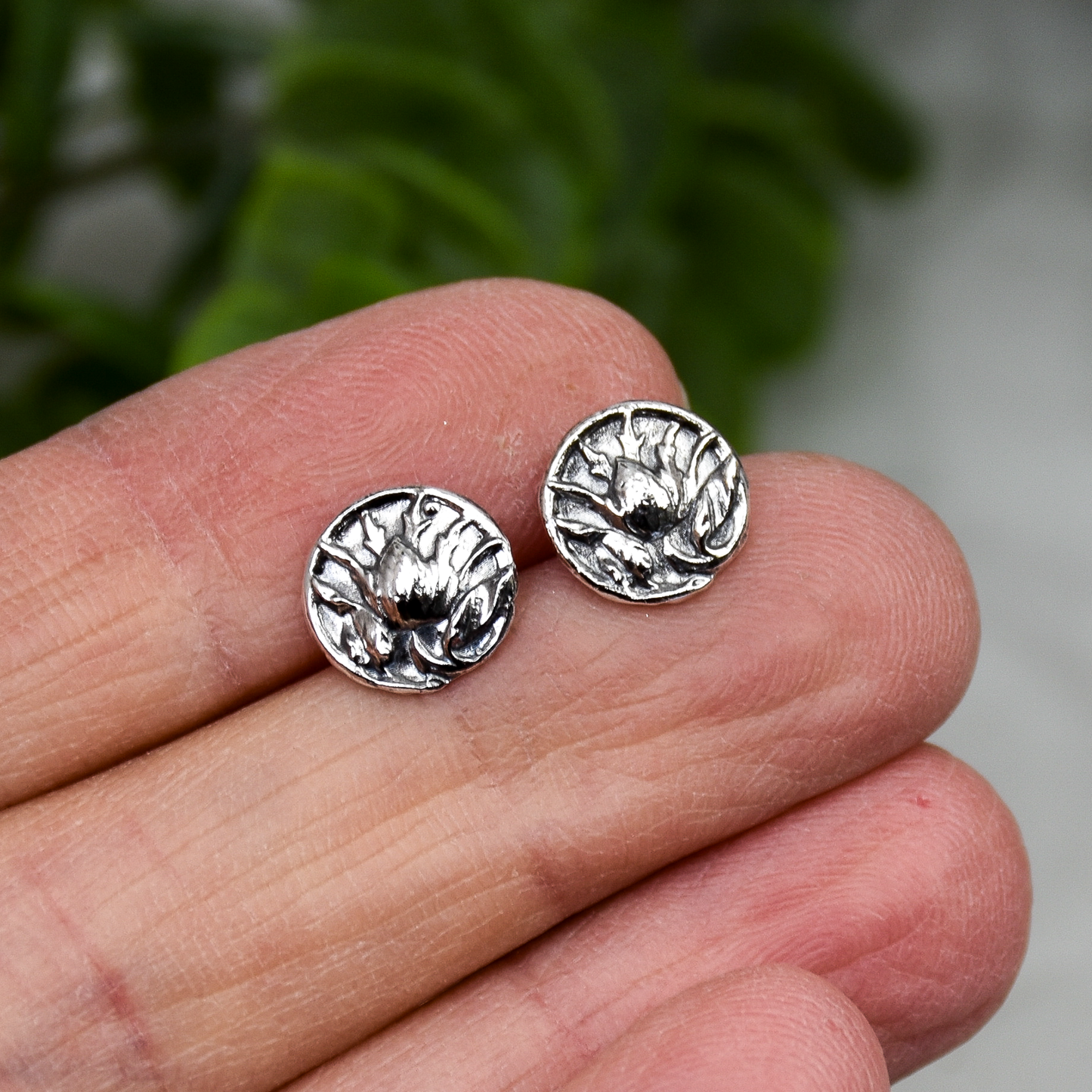 Thistle Flower Stud Earrings - Sterling Silver